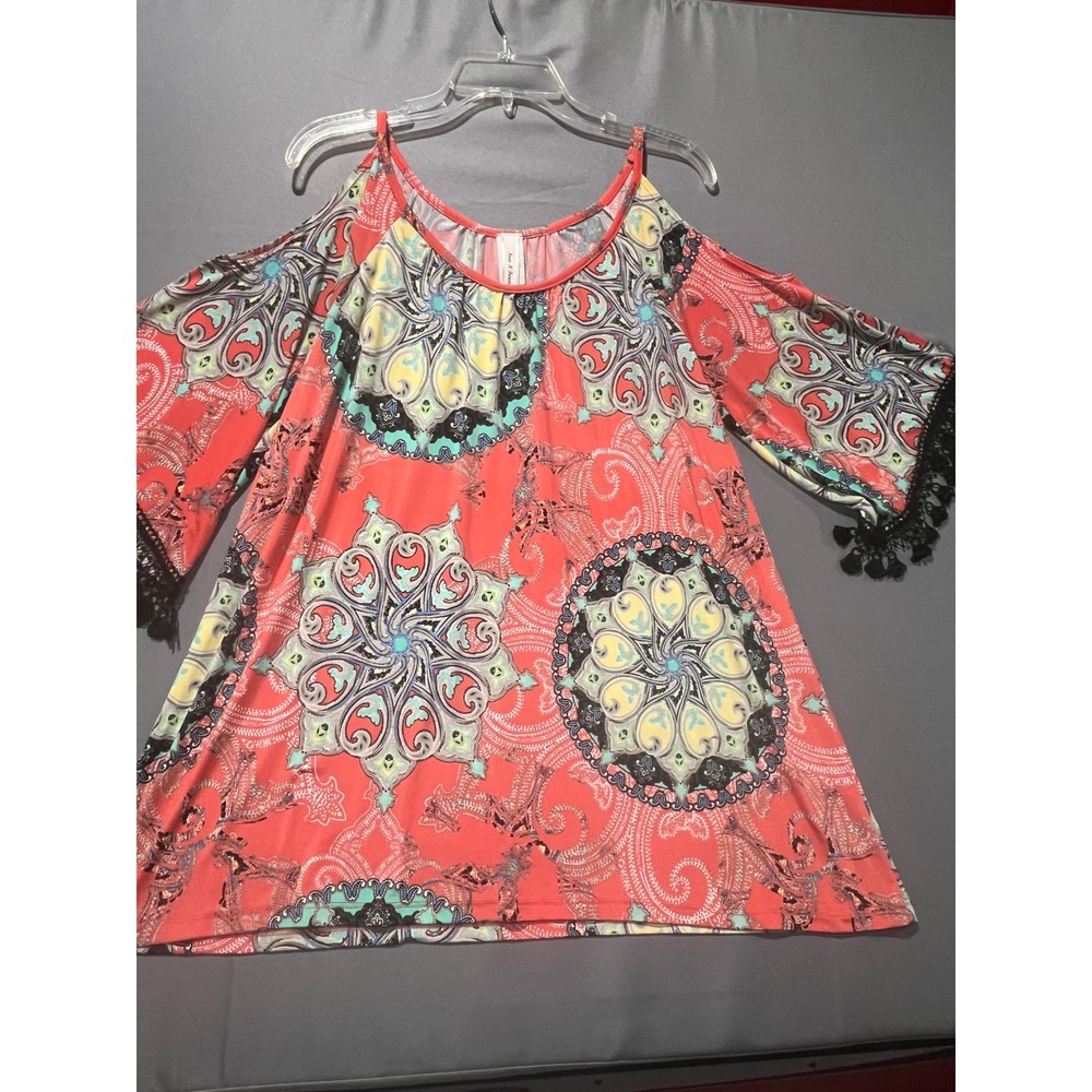 Now N Forever Womens Cold Shoulder Paisley Tassel Top Coral Orange Small T9857